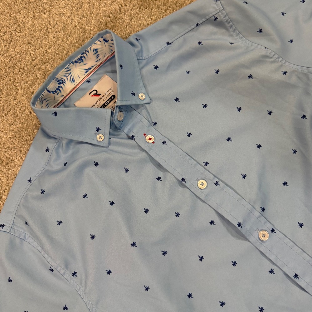 International Report Button Down S Light Blue Palm All over Print 4-Way Stretch